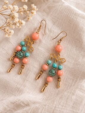 Vintage Saks Fifth Avenue Boho Coral & Turquoise Dangle Earrings